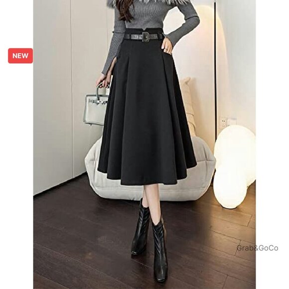 Wool Midi Skirt High Waisted A-Line Pleated Belted Elegant Fall Winter - Picture 4 of 8
